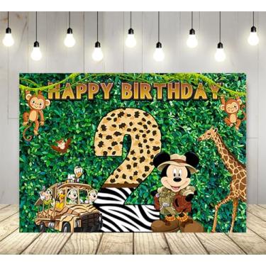 Imagem de Pano de fundo de folhas verdes para Mickey Safari 2º aniversário festa suprimentos 1,5 x 0,9 m selva safári foto fundo para decoração tema Mickey festa bolo decoração chá de bebê banner HM557E