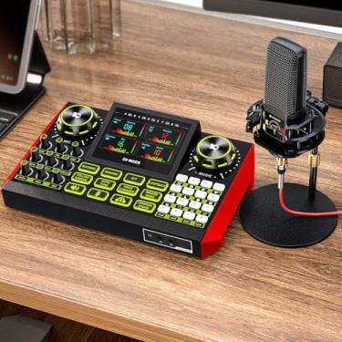 Imagem de Pacote de microfone para podcast com placa de som ao vivo, conjunto de equipamentos de podcasts com microfone condensador de 3,5 mm para PC/telefone, transmissão ao vivo, jogos de canto, placa de som