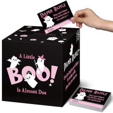 Imagem de Gersoniel 51 peças de sorteio de fraldas de Halloween com caixa de cartão de sorteio de fraldas rosa fantasma Little Boo decoração de chá de bebê para Halloween tema menina menino festa de aniversário