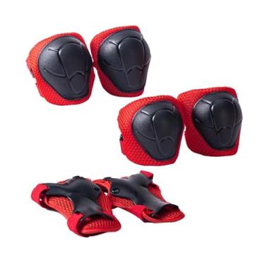 Imagem de UGPLM Joelheiras e cotoveleiras Joelheiras confortáveis ​​Conjunto de equipamentos de proteção para crianças Protetores de pulso para crianças Snowboard, Vermelho