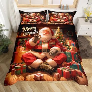 Imagem de Conjunto de capa de edredom casal com desenho de Papai Noel, árvore de Natal, decoração de quarto de meninos e meninas, capa de edredom rústica de casa de cabine de madeira, capa de colcha marrom