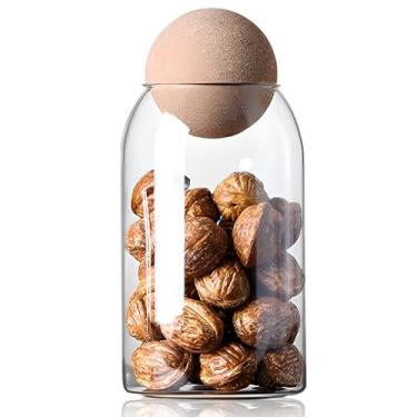 Imagem de IwaiLoft Frasco de armazenamento de vidro com tampa esférica de cortiça, tanque de vidro transparente com tampas de madeira, lindos recipientes de armazenamento de roupas de vidro decorativos, garrafa