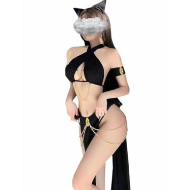Imagem de YUANMO Lingerie feminina anime cosplay vestido Halloween gato egípcio rainha escrava roupa lingerie roupa (preto, tamanho único)