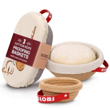 Imagem de Banneton Conjunto de 3 cestas à prova de pão (23 cm redondas e ovais de 25,4 cm e 12,7 cm redondas) – Cestas de algodão natural à prova de fermento com forros reutilizáveis e capas contra poeira