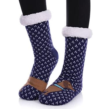 Imagem de LANLEO Meias femininas felpudas com aderência para o inverno com forro grosso de lã de pelúcia antiderrapante para casa, Cachorro assimétrico, tamanho �nico