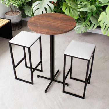 Imagem de Conjunto Mesa Alta Bar Bistrô Redonda Imbuia 2 Bancos Estofado Industr