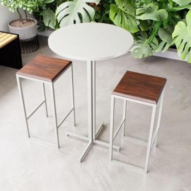 Imagem de Conjunto Mesa Alta Bar Bistrô Redonda Branca 2 Bancos Imbuia Industria