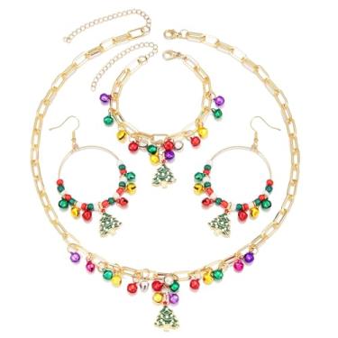 Imagem de Brincos de Natal com pingente de sino vermelho verde e pingente de árvore de Natal colorido sininhos conjunto de joias com corrente de clipe de papel grosso para mulheres, Natal, Ano Novo, presente de