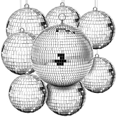 Imagem de Haull Conjunto de 8 bolas grandes de discoteca espelhadas prateadas, bola refletiva com anel de pendurar, enfeite de festa, decoração para palco, clube, salão, dança, salão, casamento, baile, adereços