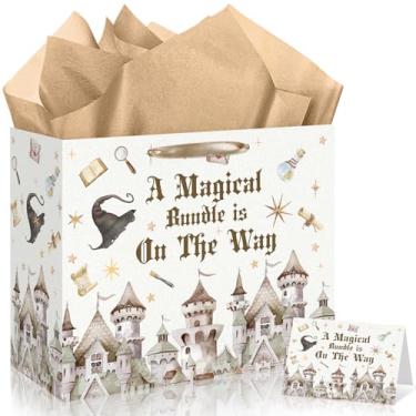 Imagem de Magical Wizard Bolsa de presente de aniversário para bebês meninas Um pacote mágico está a caminho com cartão de papel de embrulho, grande bolsa de presente de bruxa castelo para Halloween chá de bebê