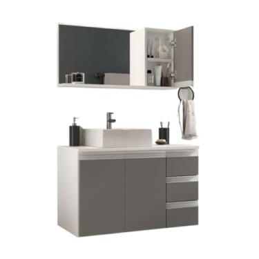 Imagem de Gabinete Banheiro Prisma 80cm (gabinete + cuba + espelheira) Opção: TAMPO VIDRO (Branco/Cinza,SEM TAMPO)