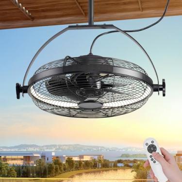 Imagem de Ventiladores de teto suspensos ao ar livre com luzes, ventilador de teto portátil de 40,6 cm, ventiladores de piso ajustáveis em vários ângulos, ventiladores de teto externos pretos para pátios.