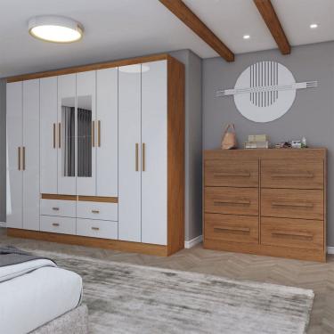 Imagem de Guarda-Roupa Casal Europa 8 Portas 4 Gavetas e Cômoda 6 Gavetas com Espelho Cinamomo/Off White - Panorama Móveis