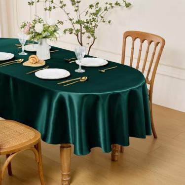 Imagem de Entisn Toalha de mesa oval 152 x 213 cm, feita de tecido de cetim verde escuro, adequada para 6 a 8 lugares, design resistente a rugas e fácil de limpar, decoração de mesa para casamento, banquete