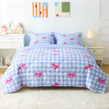 Imagem de Wajade Conjunto de edredom de 7 peças, xadrez, azul e branco, para meninas e crianças, Queen, conjunto de cama quadriculado com lençol e 2 fronhas, 2 fronhas, cama fofa para meninas em uma bolsa como