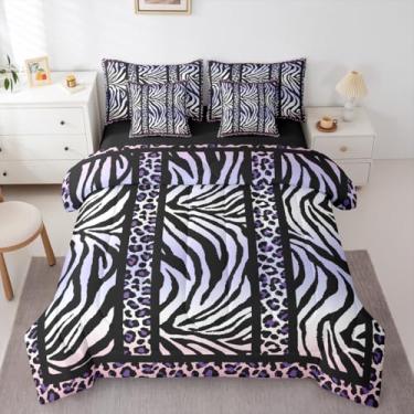 Imagem de Feelyou Conjunto de edredom com estampa de zebra e leopardo, 7 peças, Queen, roxo e preto, para crianças, meninos, meninas, decoração de quarto, microfibra leve e macia