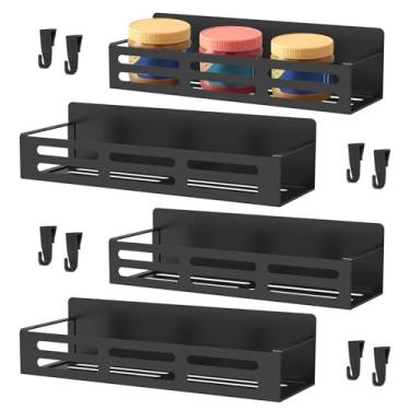 Imagem de 4 suportes magnéticos para temperos para geladeira, prateleira magnética preta, organizador de armazenamento de geladeira para cozinha, organizador de temperos, suporte de especiarias, prateleiras
