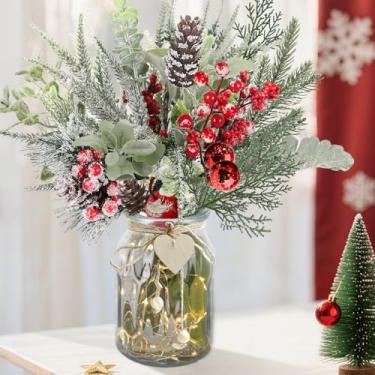 Imagem de Flores artificiais de Natal com vaso, ramos de pinheiro nevado artificiais de Natal com cones de pinheiro de baga vermelha, ramo de cedro, folhas de cipreste de Norfolk, vegetação para casa, lareira