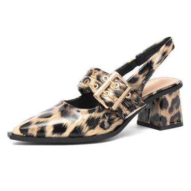 Imagem de NEWBELLA Sapato social feminino com bico fino e salto baixo com fivela de metal no peito do pé para casamento, formatura, trabalho, Leopardo, 34