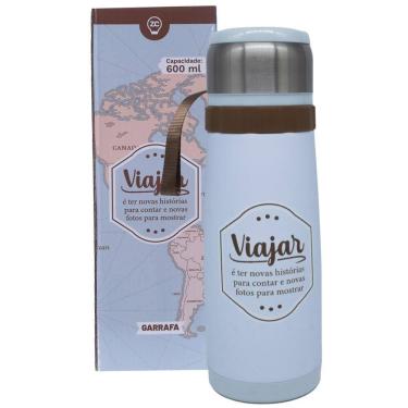 Imagem de Garrafa Térmica 12 Horas Viajar Azul Com Tampa De Copo 600Ml