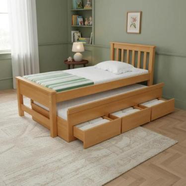 Imagem de Bicama Solteiro Madeira Maciça Esmeralda Cama Auxiliar Com 3 Gavetas -