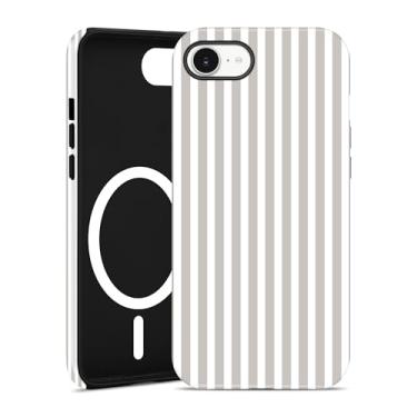 Imagem de Jusy Capa de telefone listrada compatível com MagSafe para iPhone 7/8/SE, linda estética magnética macia TPU e capa protetora de policarbonato rígido para mulheres e meninas (fosco) - branco antigo