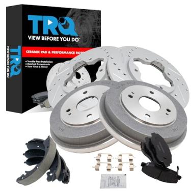 Imagem de TRQ Pastilha de freio dianteiro e traseiro e rotor, kit de sapata e tambor Desempenho de cerâmica revestido com G premium compatível com Honda Accord 1990-1997