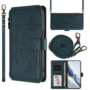 Imagem de Capa carteira para Google Pixel 9 com suporte para cartão, bolso com zíper e alça longa - capa fólio de couro com fecho magnético, suporte, capa feminina anti-impressão digital (verde escuro)