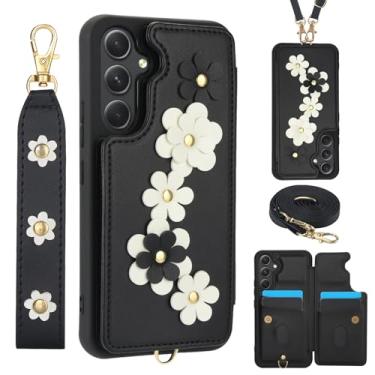 Imagem de Capa de telefone carteira de couro para Samsung Galaxy S25 FE com 4 compartimentos para cartão, suporte magnético com alça de pulso, design de flor de couro, bolsa tiracolo para telefone à prova de