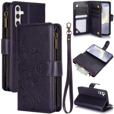 Imagem de Capa carteira para Samsung Galaxy A55 5G, couro sintético e TPU à prova de choque, 6 compartimentos para cartões/compartimento para dinheiro/bolso com zíper, fecho magnético, alça de pulso removível