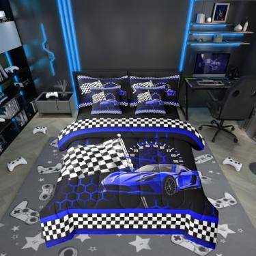 Imagem de Castle Fairy Conjunto de cama solteiro com 7 peças de carro de corrida azul, preto e branco, grade de treliça, luzes néon, favo de mel, esportes radicais