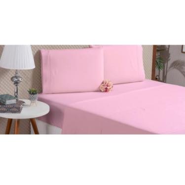 Imagem de Jogo de Lençol Percal 200 Fios 2 e 3 Peças Solteiro Casal Queen King Elástico Fronhas com Ponto Palito (Rosa, Casal)