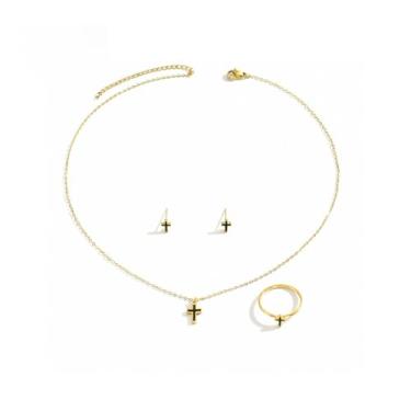 Imagem de Zurlcdye Conjunto de joias de colar de cruz de ouro colares delicados brincos corrente cruz charme declaração aniversário fé religiosa Natal joias presentes, Sem Pedra Preciosa