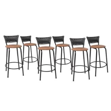 Imagem de Kit 6 Banco Para Bancada Cozinha Gourmet Estrutura Preta Encosto Junco Preto Balcão Ilha Bar Banqueta 60cm Itagold (Assento Marrom Claro)