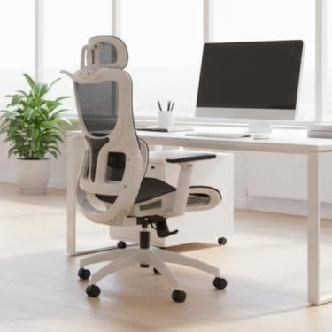 Imagem de BlidShop Cadeira Executiva Ergonômica de Malha, Giratória com Encosto Reclinável, Apoio Lombar e Cabeça, Design Moderno para Home Office e Gamr, Suporta 120kg, Apoio de braço 3D (Branca e preta)