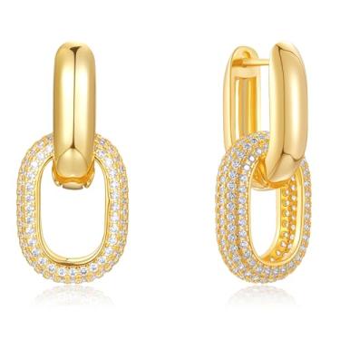 Imagem de Brincos de argola dupla interligados banhados a ouro 18K | Argolas femininas de cristal pave, Latão Zircônia cúbica, Zircônia cúbica