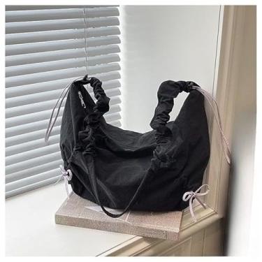 Imagem de Bolsa de nylon crescente, bolsa de ombro de grande capacidade com acabamento texturizado, bolsa transversal espaçosa, Preto, Medium