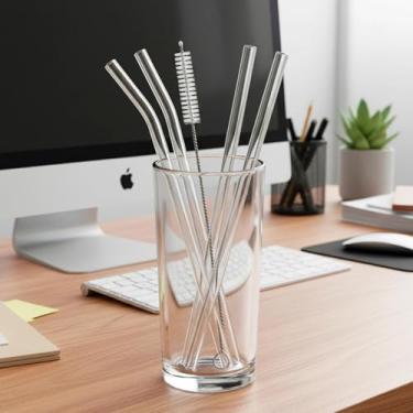 Imagem de Conjunto de 5 canudos de vidro reutilizáveis com escova de limpeza, canudos de borda lisa ecologicamente corretos para bebidas frias e quentes