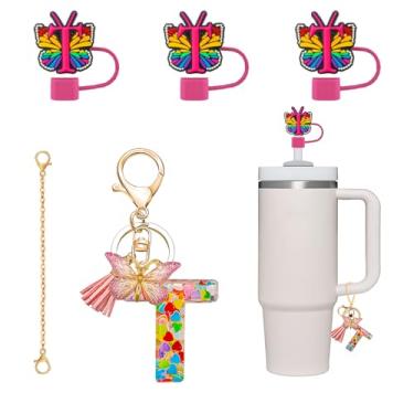 Imagem de DMLNN Capa de palha para copo Stanley, 3 peças de capa de canudo com letra inicial de borboleta com chaveiros de letra inicial para mulheres, capas de canudo de silicone fofas para copos Stanley 76 e