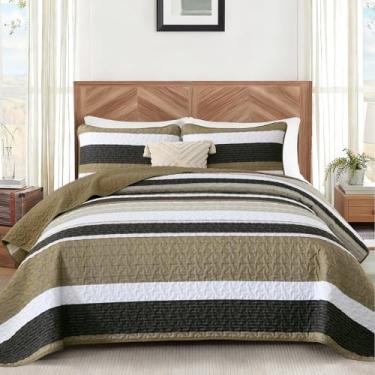 Imagem de Conjunto de colcha King Size marrom listrado de 3 peças, colcha de retalhos de outono, conjunto de cama branco marrom macio e leve com 2 fronhas, conjunto de edredom de microfibra macia para todas as