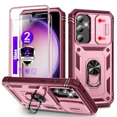 Imagem de Capa para Galaxy S23 FE com controle deslizante para câmera, 2 películas de vidro temperado, suporte de anel giratório de 360°, capa protetora de grau militar para Samsung S23 FE - vermelho vinho/rosa