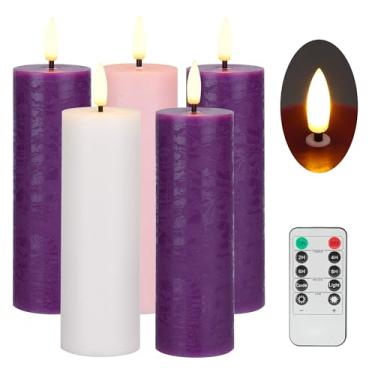 Imagem de AFINETH Velas do Advento Flamelss, velas de pilar de cera operadas por bateria com controle remoto, velas cintilantes sem chama de topo plano para o Natal, católico, advento, grinalda, roxo, rosa e