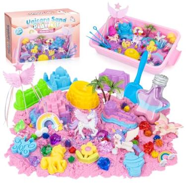 Imagem de snookids Conjunto de areia de unicórnio, areia mágica com cera de abelha natural (690 g), 24 moldes, 3 unicórnios, concha de areia com tampa, brinquedo sensorial para crianças de 3, 4, 5, 6, 7, 8 e 9