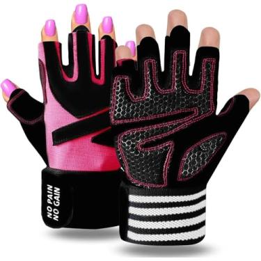Imagem de Luvas de treino para mulheres levantamento de peso com suporte de alça de pulso, luvas acolchoadas de meio dedo para academia fitness exercício (rosa, PP)