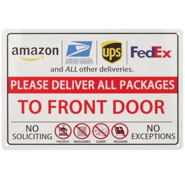 Imagem de Placa de entrega na porta da frente para Amazon, USPS, UPS, pacotes FedEx, placa de metal sem solicitação sem exceções, branco e vermelho, uso interno e externo