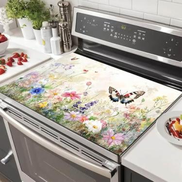Imagem de HOMETITUTE Tampa superior de fogão de borboleta para decoração de cozinha floral de diatomita elétrica 71 x 50 cm, protetor de fogão de vidro resistente ao calor, tapete de bancada com design de prado