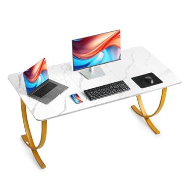 Imagem de VEVOR Mesa executiva, mesa de escritório grande de 160 cm L x 80 cm P, mesa de computador moderna para sala de reuniões, móveis de negócios ampliada para escritório em casa, branco e dourado