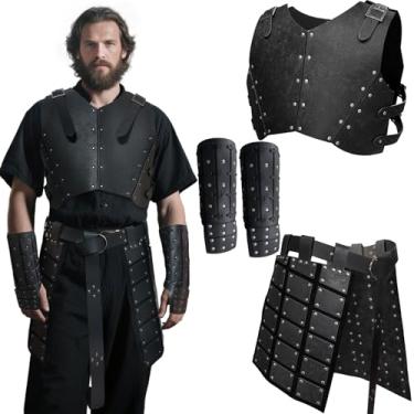 Imagem de Conjunto de armadura medieval cavaleiro para homens - Braçadeiras Viking Armadura Peitoral, LARP, Samurai Roman Cosplay Equipamento de Combate Ajustável, Preto, Adjustable