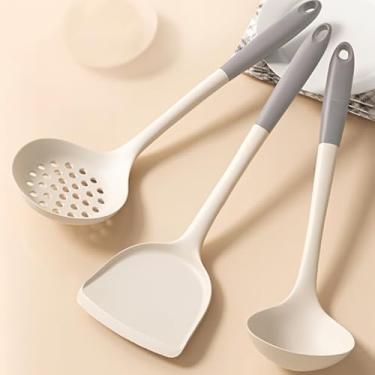 Imagem de Kit UtensíLios de Cozinha Silicone de 11，Colher de Silicone para Cozinha Preto ，Cabo de Madeira，Esteticamente AgradáVel e Elegante，Adequado para Cozinhar Todos Os Tipos de Iguarias(Creme e Cinza)