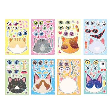 Imagem de 8 peças de adesivos de gato fofo Make A Face, adesivos para lembrancinhas de festa, arte, artesanato, jogos, prêmios de atividade escolar, adesivos à prova d'água para meninas, meninos, crianças